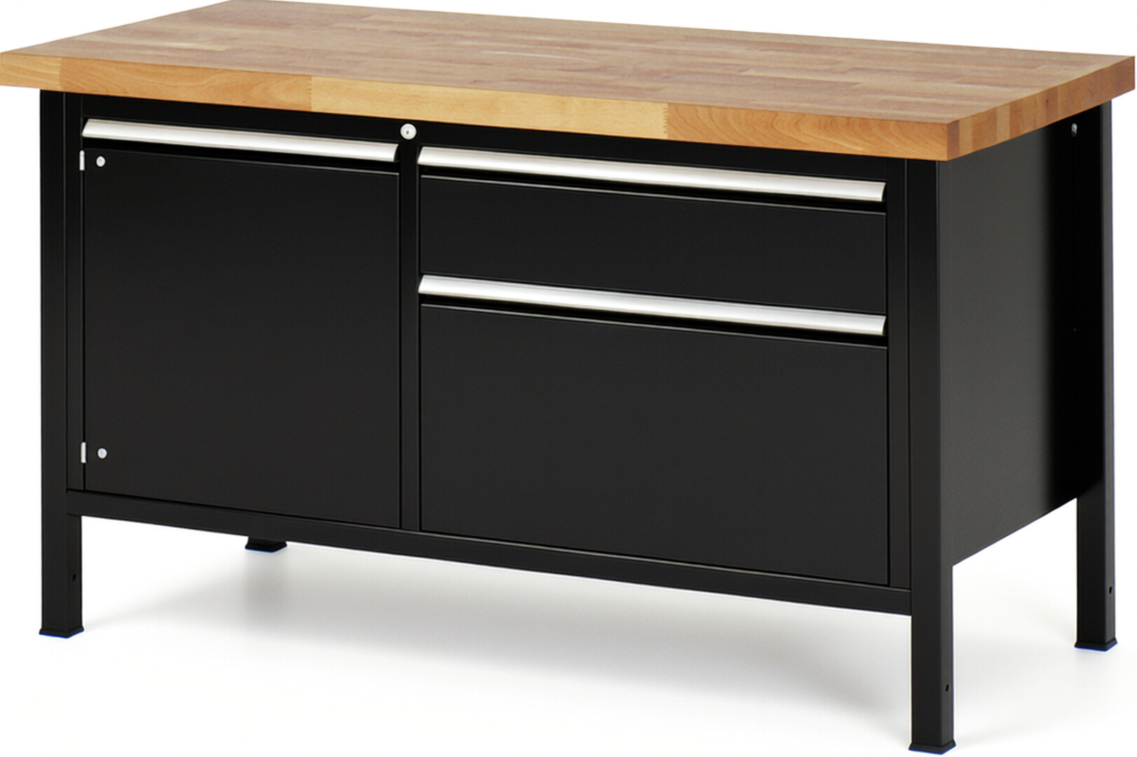 Werkbank Modell 8651 schwarz, BxTxH 1500x700x840 mm,  Buche-Massiv Arbeitsplatte 40 mm,  2 Schubladen mit  Vollauszug 100 % und  SoftClosing