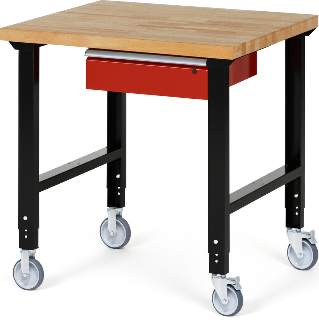 RAU Werkbank schwarz - rot - Breite 100 cm - Tiefe 90 cm - Höhe 100 cm - Buche-Massiv Arbeitsplatte 40 mm