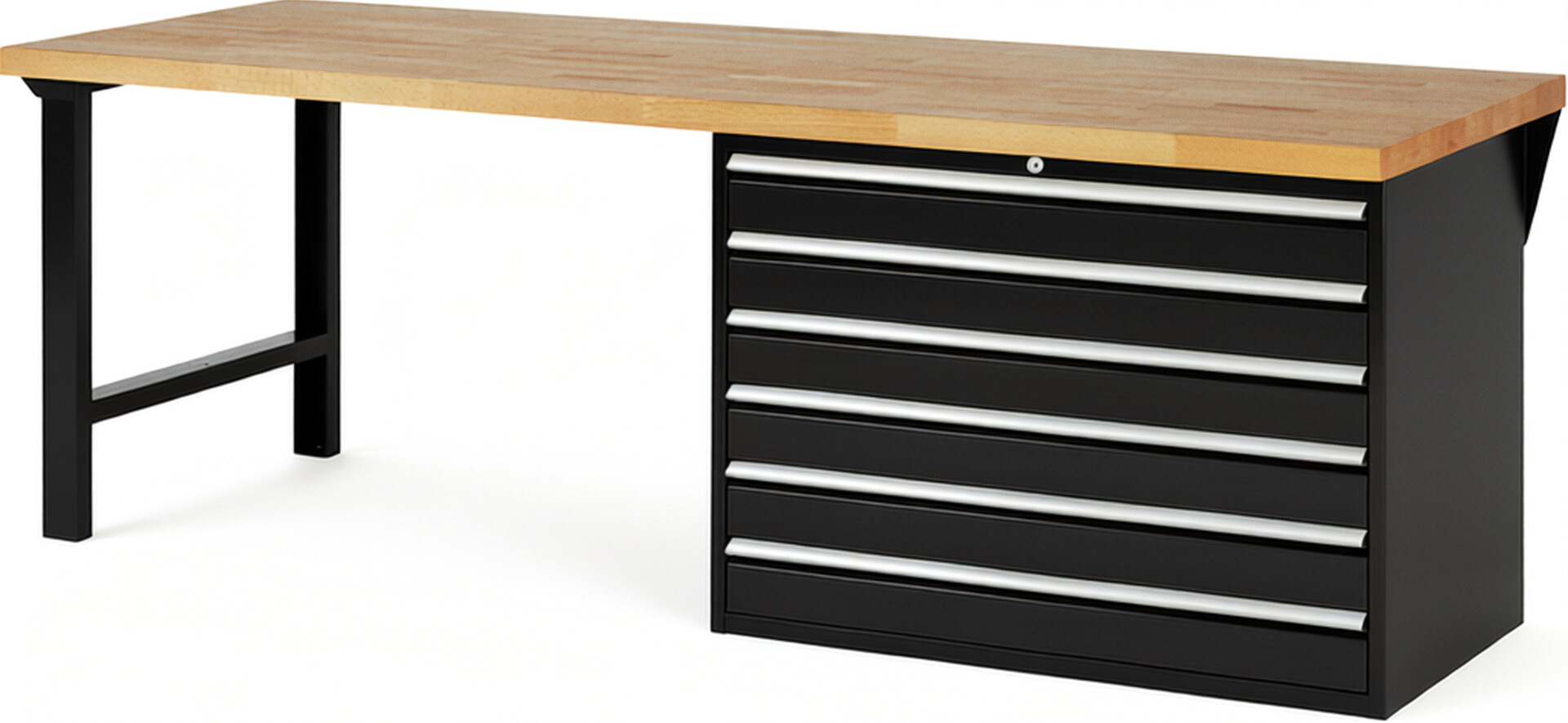 Werkbank Modell 7716 schwarz, BxTxH 2500x900x890 mm,  Buche-Massiv Arbeitsplatte 40 mm,  6 Schubladen mit  Auszug 90 %