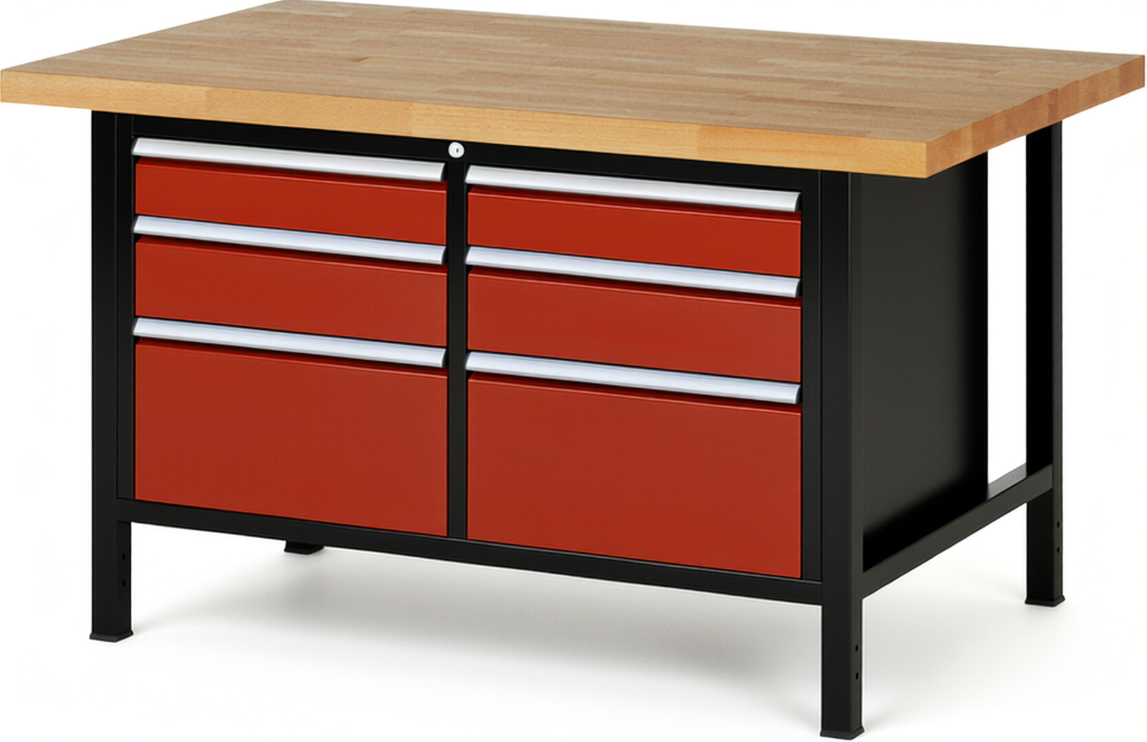 RAU Werkbank schwarz - rot - Breite 150 cm - Tiefe 90 cm - Höhe 104 cm - Buche-Massiv Arbeitsplatte 40 mm