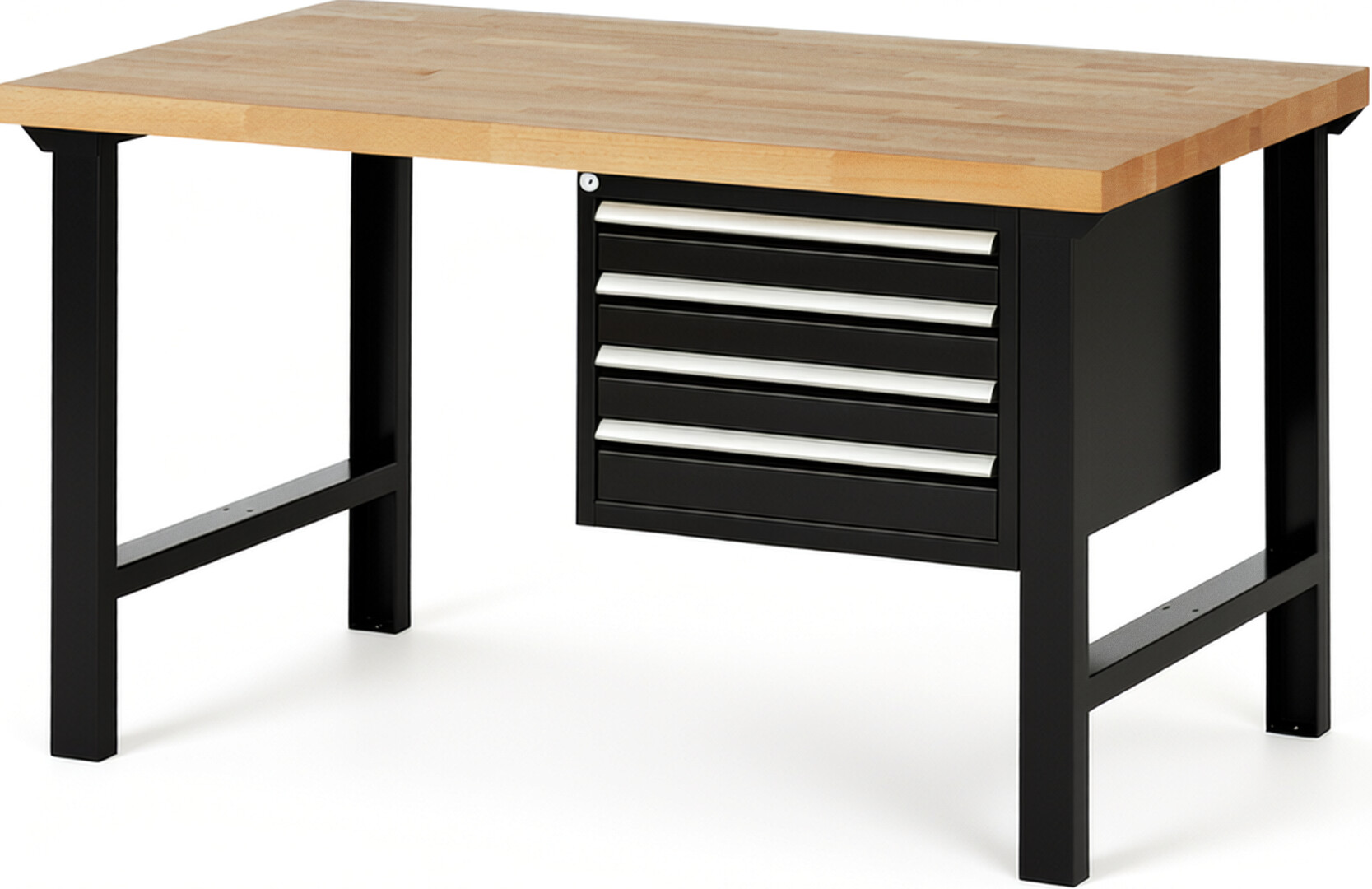 Werkbank Modell 7133 schwarz, BxTxH 1500x900x840 mm,  Buche-Massiv Arbeitsplatte 40 mm,  4 Schubladen mit  Auszug 90 %