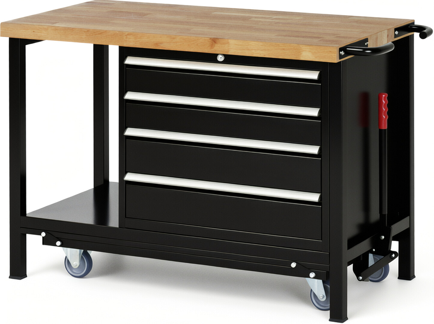 Absenkbare Werkbank Modell 8262 schwarz, BxTxH 1250x700x880 mm,  Buche-Massiv Arbeitsplatte 40 mm,  4 Schubladen mit  Vollauszug 100 % und  SoftClosing