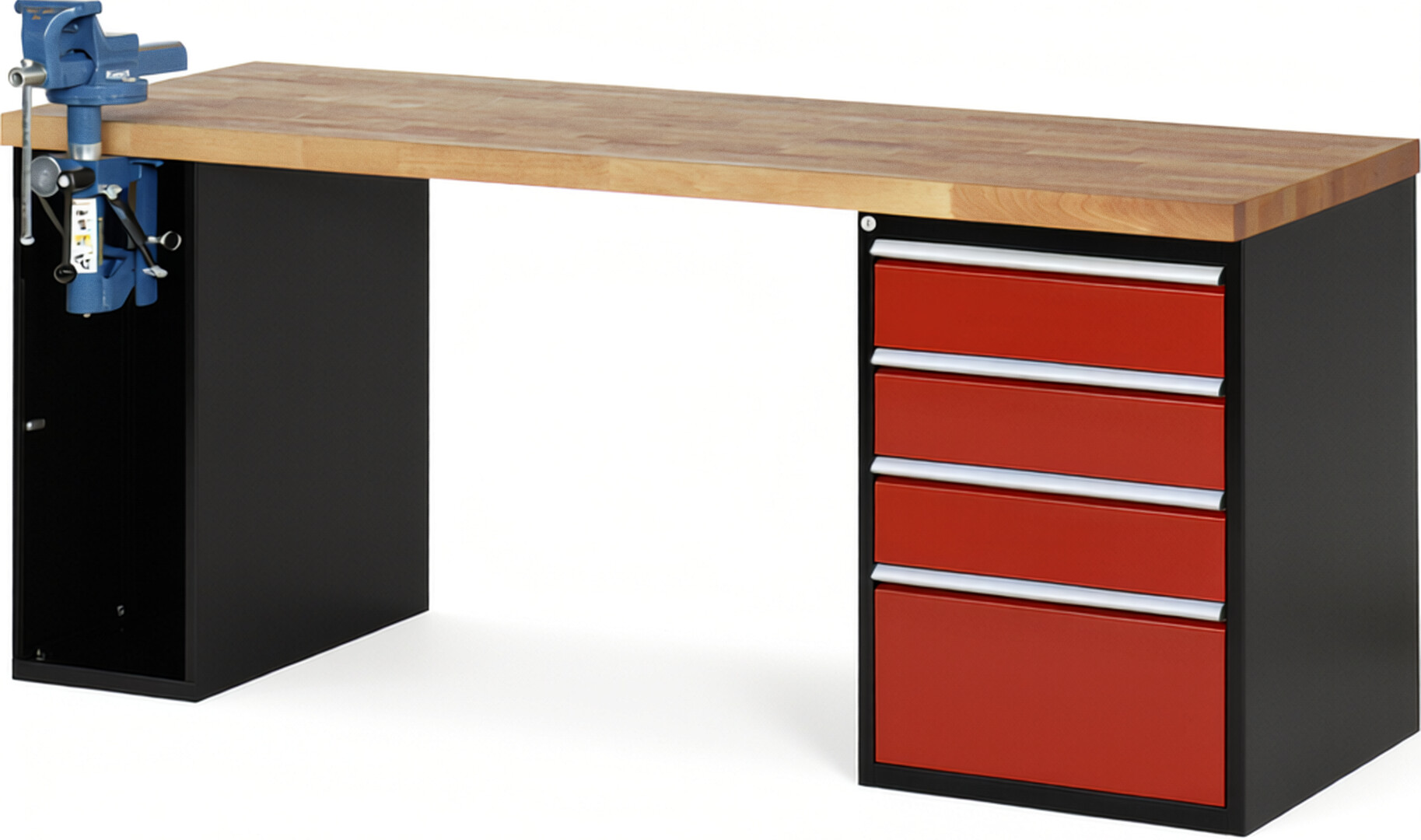 RAU Werkbank schwarz - rot - Breite 200 cm - Tiefe 70 cm - Höhe 89 cm - Buche-Massiv Arbeitsplatte 40 mm