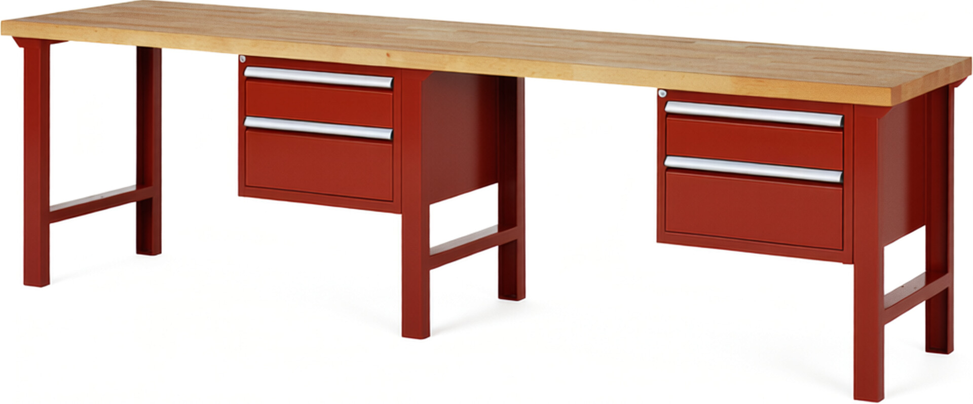 Werkbank Modell 7123 rot, BxTxH 3000x700x840 mm,  Buche-Massiv Arbeitsplatte 40 mm,  4 Schubladen mit  Vollauszug 100 % und  SoftClosing