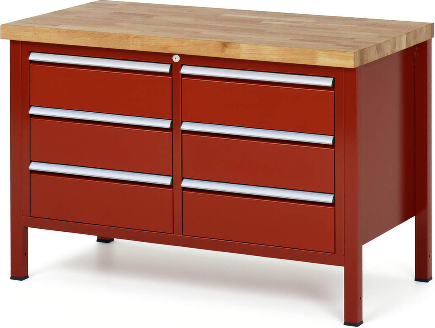 Werkbank Modell 8473 rot, BxTxH 1250x700x840 mm,  Buche-Massiv Arbeitsplatte 40 mm,  6 Schubladen mit  Auszug 90 %