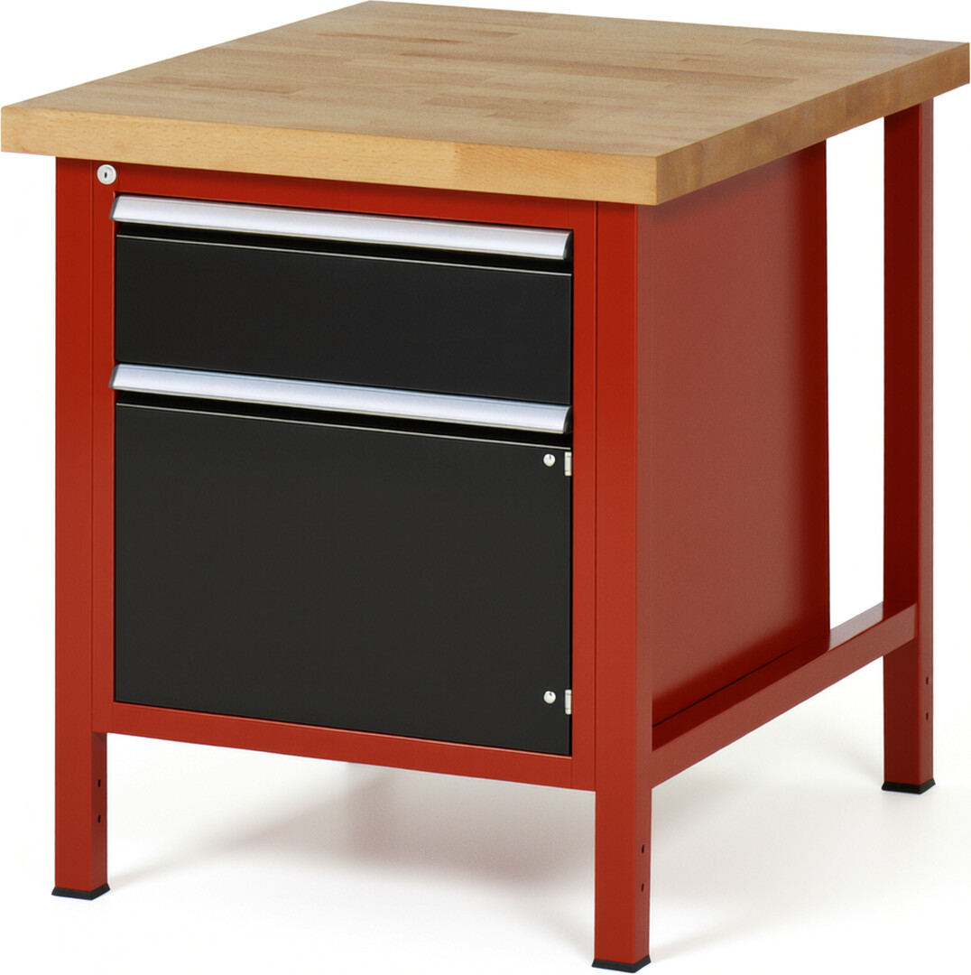 Werkbank Modell 8152 rot - schwarz, BxTxH 750x900x840 mm,  Buche-Massiv Arbeitsplatte 40 mm,  1 Schublade mit  Vollauszug 100 % und  SoftClosing