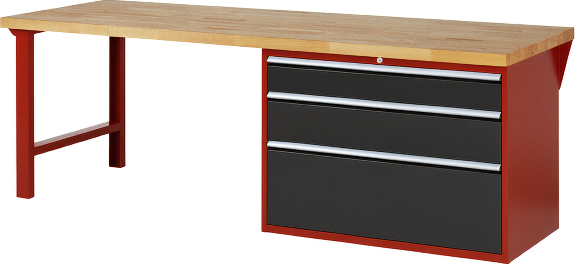 Werkbank Modell 7708 rot - schwarz, BxTxH 2500x900x890 mm,  Buche-Massiv Arbeitsplatte 40 mm,  3 Schubladen mit  Auszug 90 %