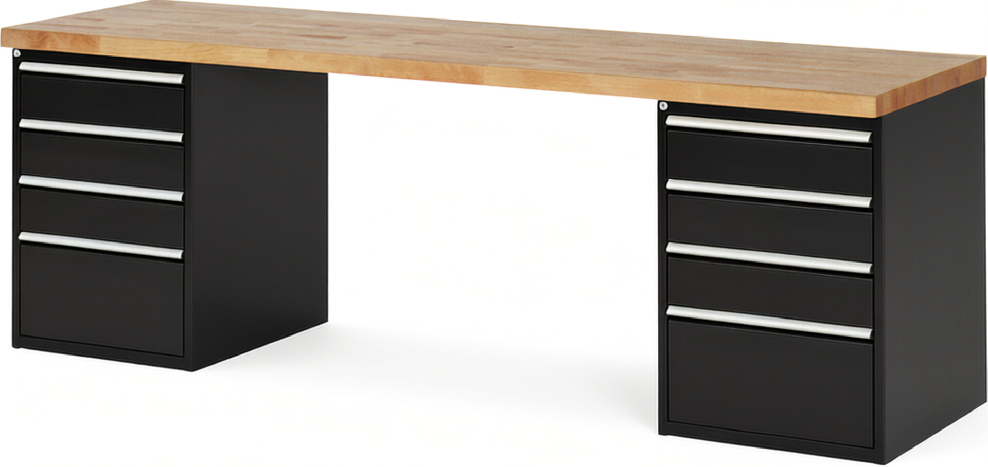 Werkbank Modell 7510 schwarz, BxTxH 2500x700x890 mm,  Buche-Massiv Arbeitsplatte 40 mm,  8 Schubladen mit  Auszug 90 %