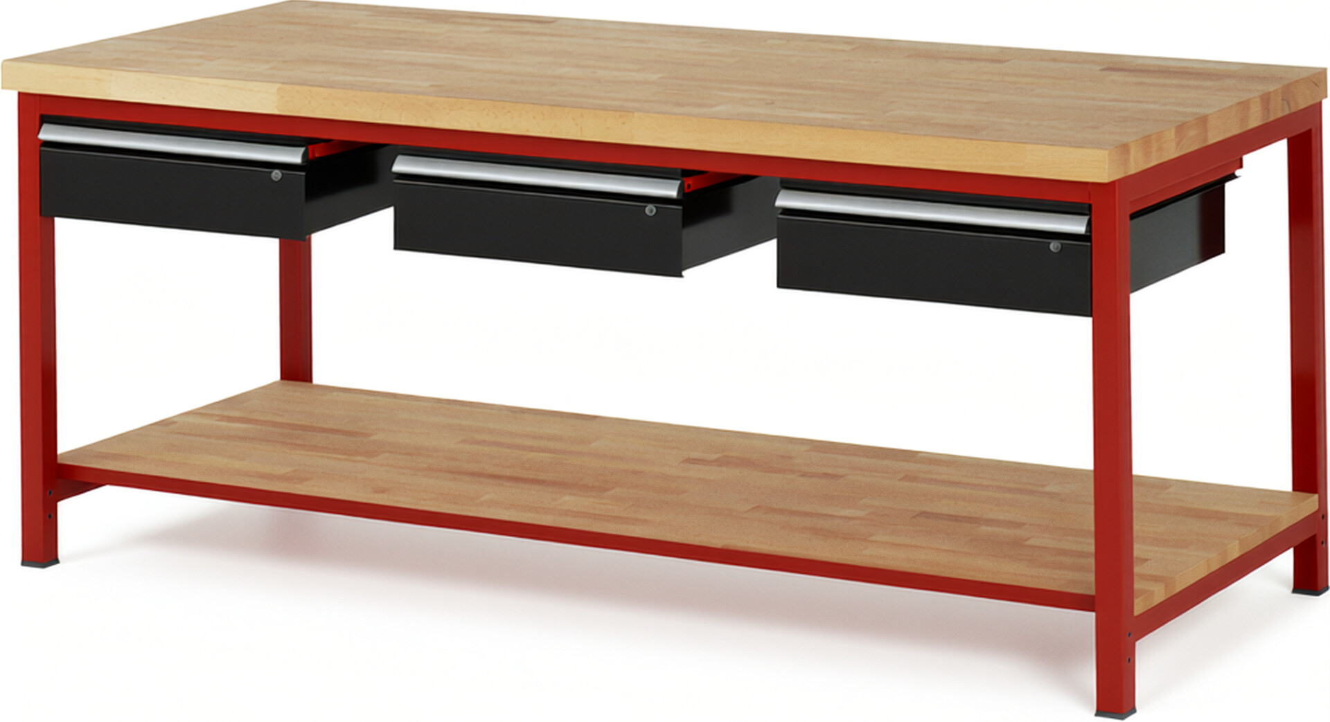 Werkbank Modell 8003 rot - schwarz, BxTxH 2000x900x840-1040 mm,  Buche-Massiv Arbeitsplatte 40 mm,  3 Schubladen mit  Auszug 90 %