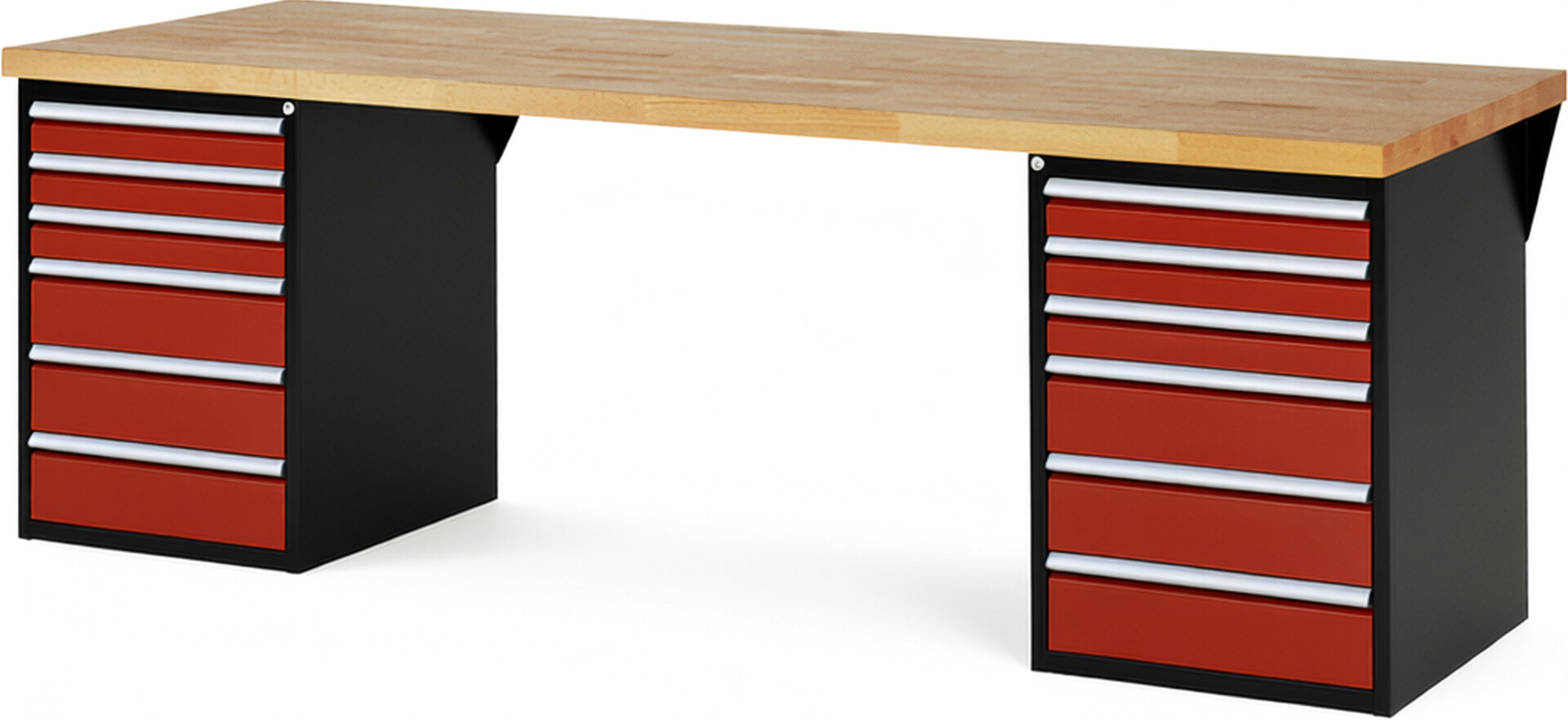 RAU Werkbank schwarz - rot - Breite 250 cm - Tiefe 90 cm - Höhe 89 cm - Buche-Massiv Arbeitsplatte 40 mm