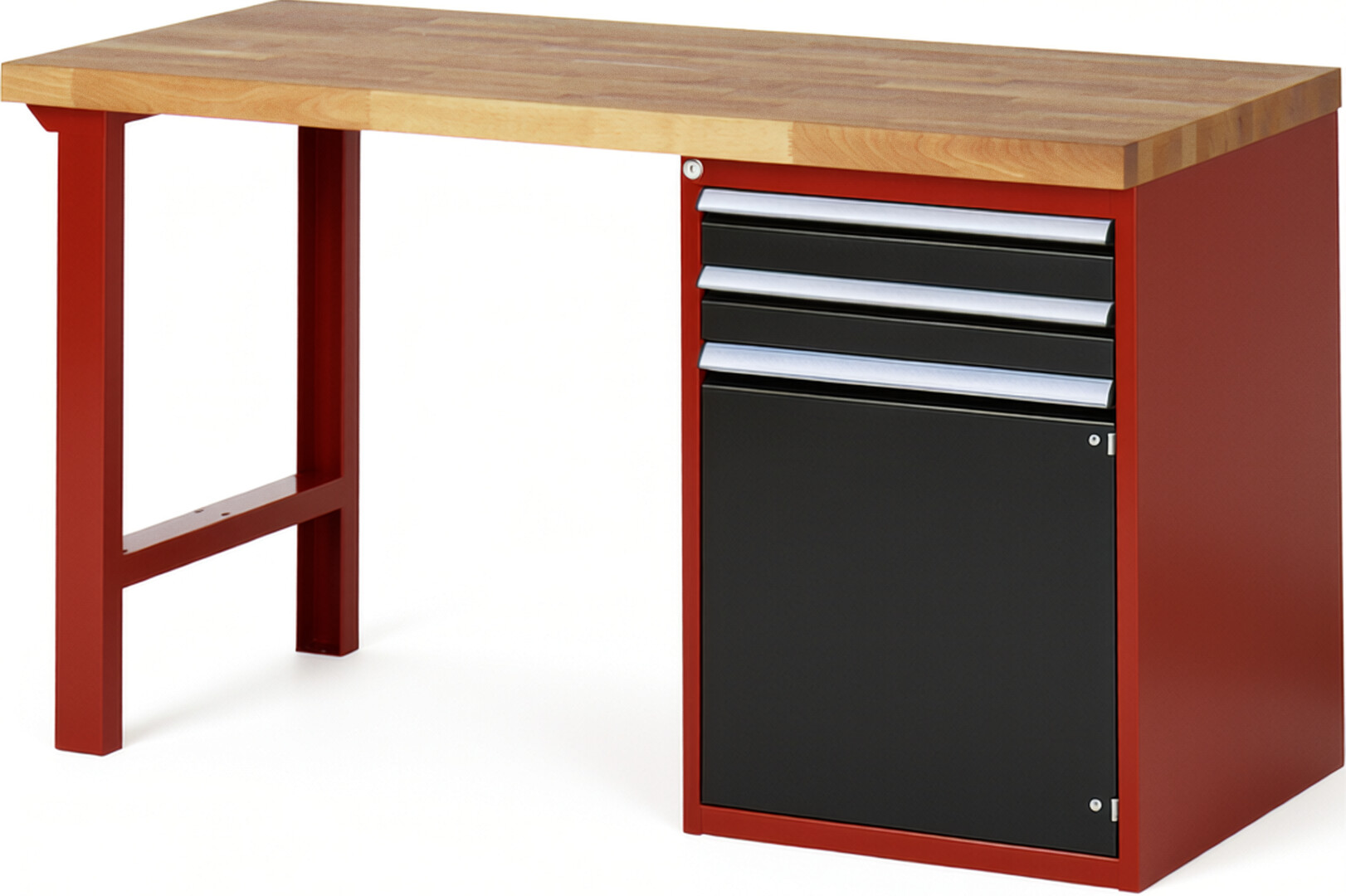 Werkbank Modell 7503 rot - schwarz, BxTxH 1500x700x890 mm,  Buche-Massiv Arbeitsplatte 40 mm,  2 Schubladen mit  Vollauszug 100 % und  SoftClosing