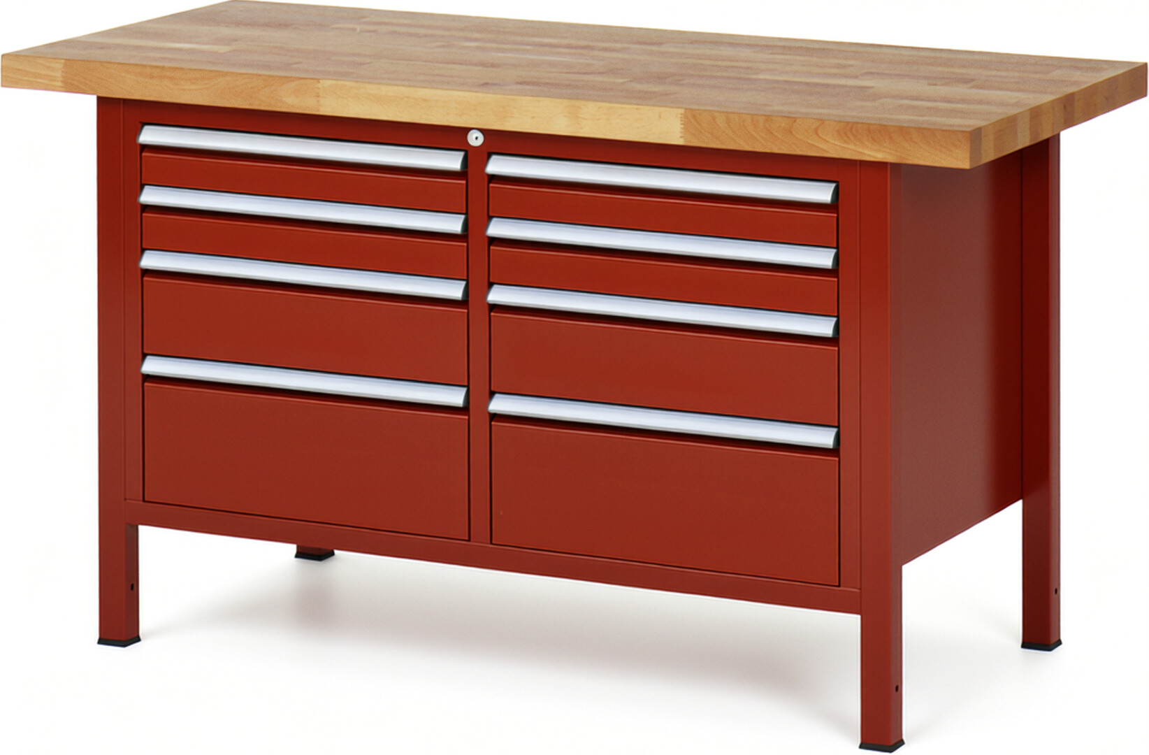 Werkbank Modell 8478 rot, BxTxH 1500x700x840 mm,  Buche-Massiv Arbeitsplatte 40 mm,  8 Schubladen mit  Vollauszug 100 % und  SoftClosing