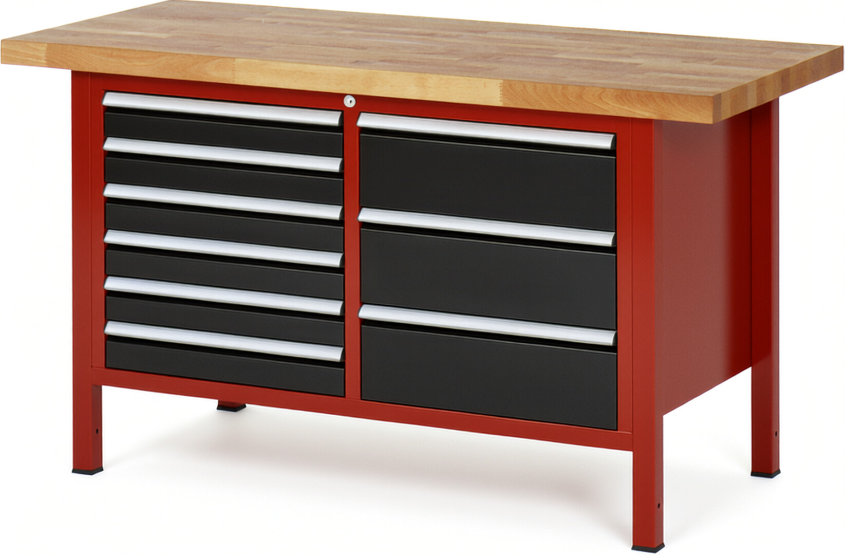Werkbank Modell 8479 rot - schwarz, BxTxH 1500x700x840-1040 mm,  Buche-Massiv Arbeitsplatte 40 mm,  9 Schubladen mit  Auszug 90 %