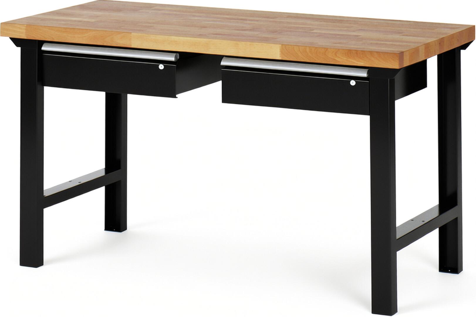 Werkbank Modell 7002 schwarz, BxTxH 1500x700x840 mm,  Buche-Massiv Arbeitsplatte 40 mm,  2 Schubladen mit  Auszug 90 %