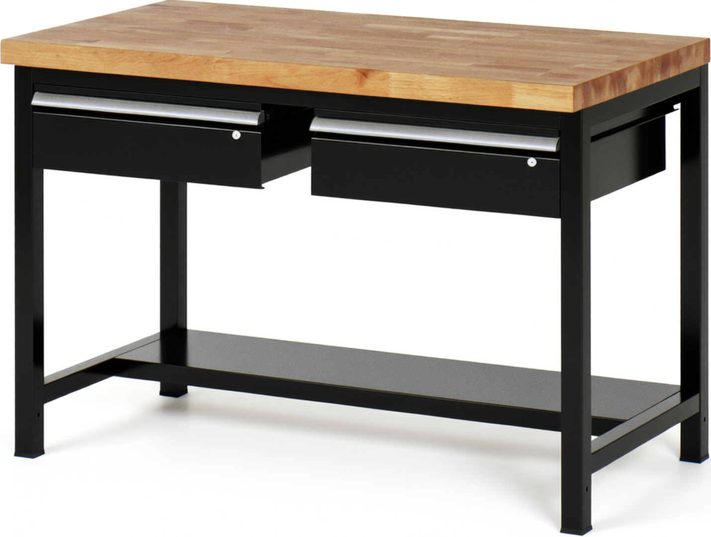 Werkbank Modell 8002 schwarz, BxTxH 1250x900x840-1040 mm,  Buche-Massiv Arbeitsplatte 40 mm,  2 Schubladen mit  Auszug 90 %