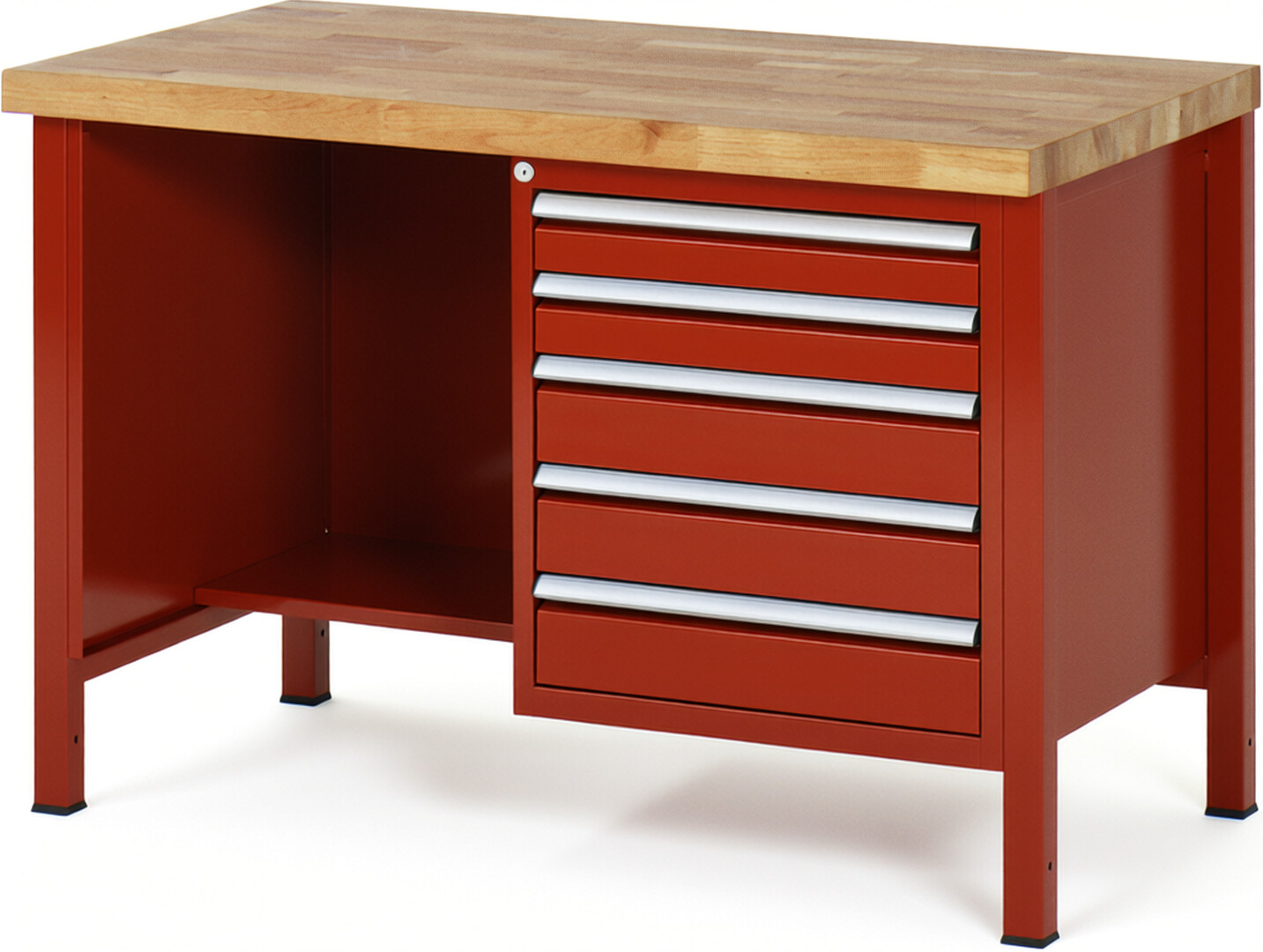 Werkbank Modell 8454 rot, BxTxH 1250x700x840 mm,  Buche-Massiv Arbeitsplatte 40 mm,  5 Schubladen mit  Vollauszug 100 % und  SoftClosing