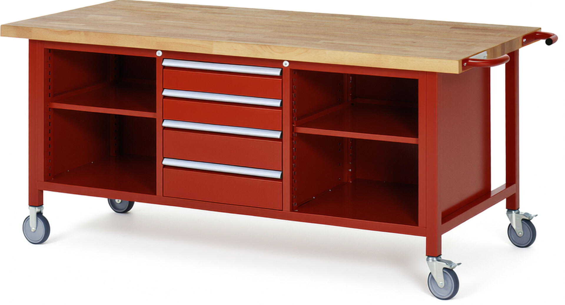 Fahrbare Werkbank Modell 8566 rot, BxTxH 2000x900x880-1080 mm,  Buche-Massiv Arbeitsplatte 40 mm,  4 Schubladen mit  Auszug 90 %
