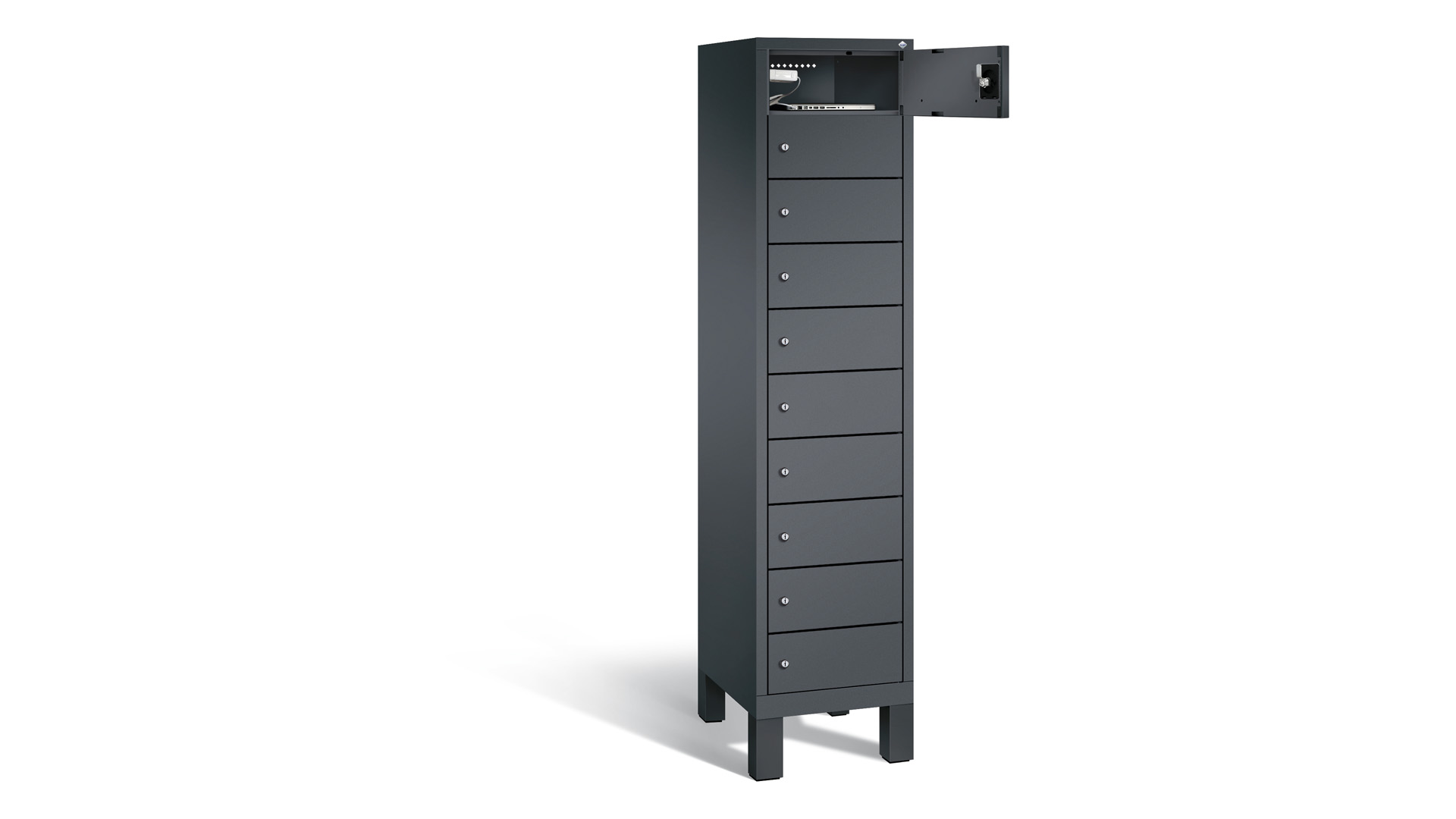 Akku Ladeschrank - Laptopschrank, Tabletschrank, Computerschrank auf Füßen, 10 Fächer mit Zylinderschloss u. Anschlagdämpfer, schwarzgrau, 1.850 x 420 x 500 mm (HxBxT)