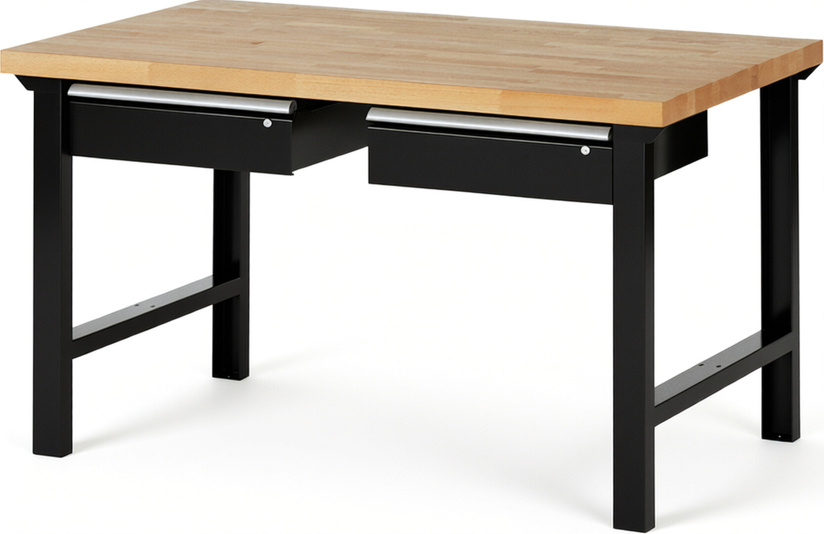 Werkbank Modell 7002 schwarz, BxTxH 1500x900x840 mm,  Buche-Massiv Arbeitsplatte 40 mm,  2 Schubladen mit  Auszug 90 %