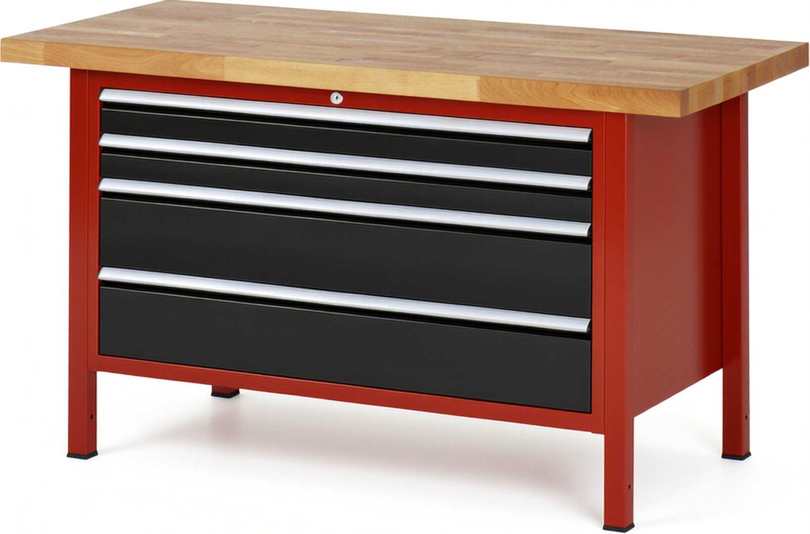 Werkbank Modell 8361 rot - schwarz, BxTxH 1500x700x840-1040 mm,  Buche-Massiv Arbeitsplatte 40 mm,  4 Schubladen mit  Auszug 90 %