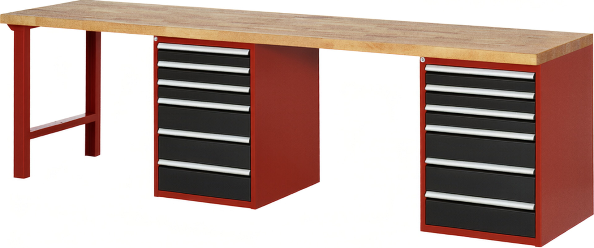 Werkbank Modell 7515 rot - schwarz, BxTxH 3000x700x890 mm,  Buche-Massiv Arbeitsplatte 40 mm,  12 Schubladen mit  Vollauszug 100 % und  SoftClosing