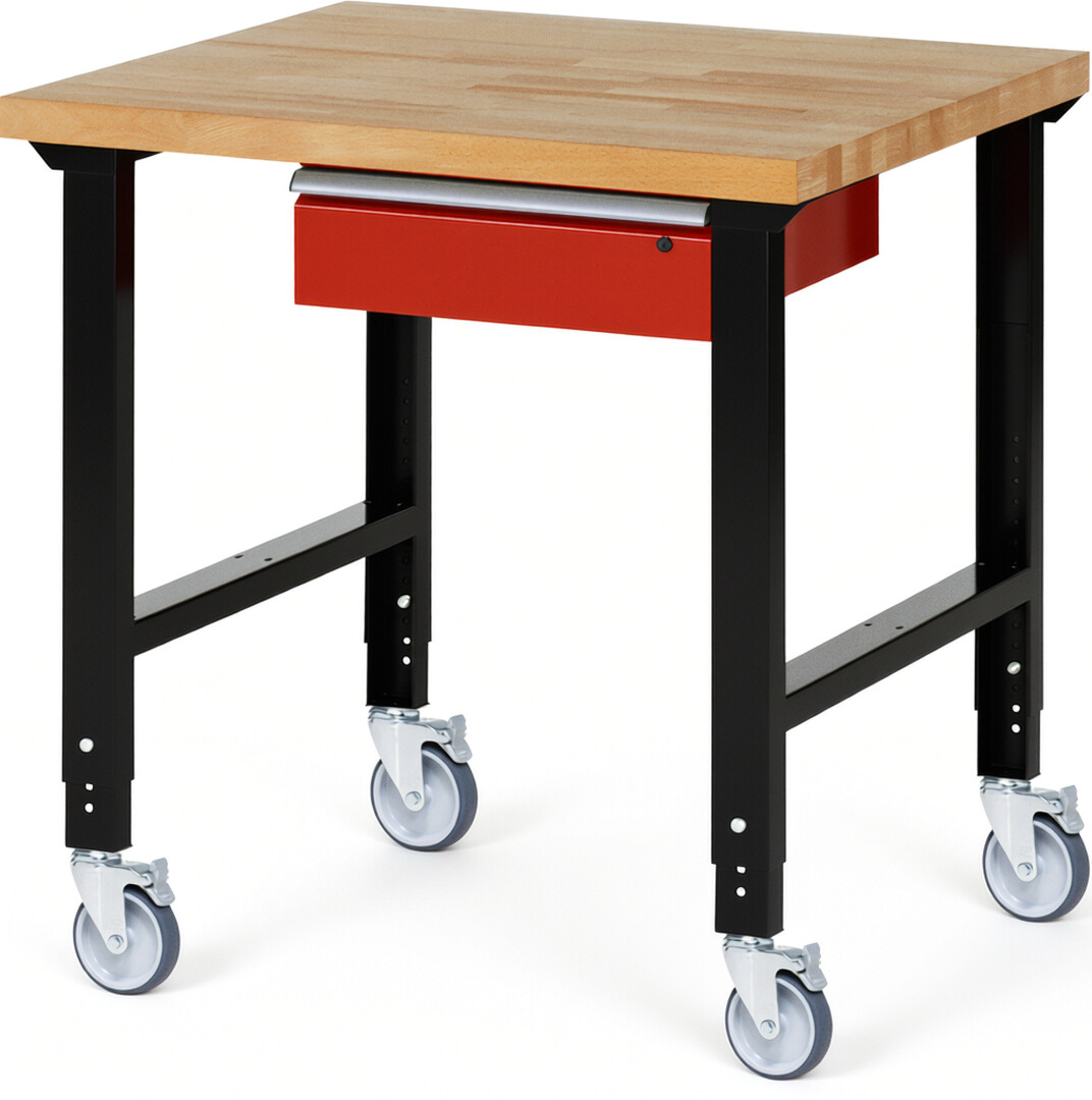 RAU Werkbank schwarz - rot - Breite 100 cm - Tiefe 90 cm - Höhe 100 cm - Buche-Massiv Arbeitsplatte 40 mm