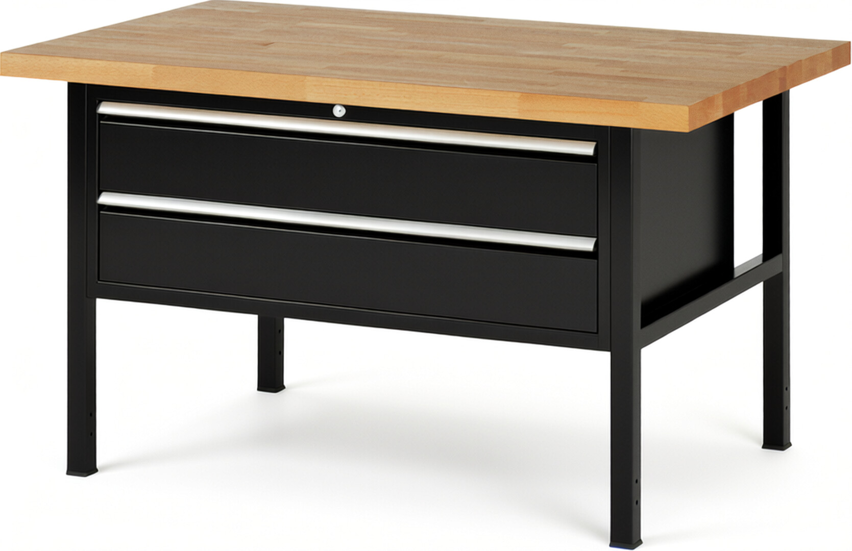 Werkbank Modell 8325 schwarz, BxTxH 1500x900x840 mm,  Buche-Massiv Arbeitsplatte 40 mm,  2 Schubladen mit  Auszug 90 %