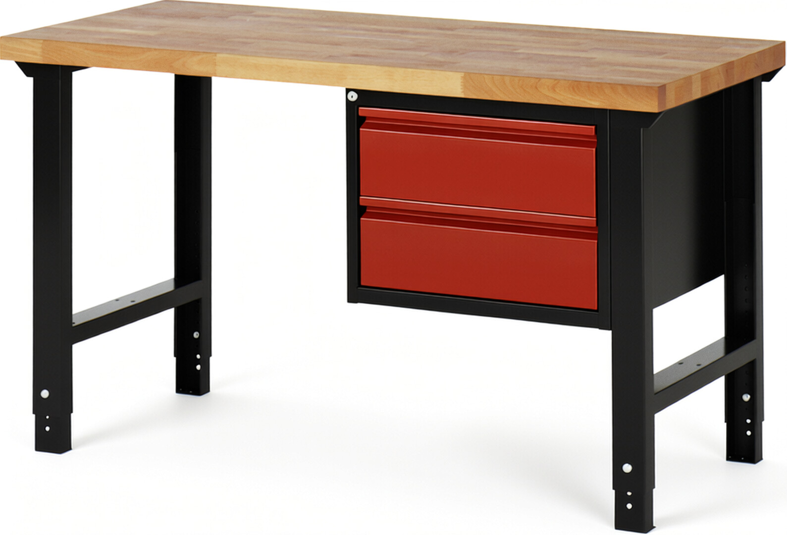 Werkbank schwarz - rot, Breite 150 cm, Tiefe 70 cm, Höhe 114 cm, 2 Schublade(n), Platte: Buche-Massiv-Arbeitsplatte