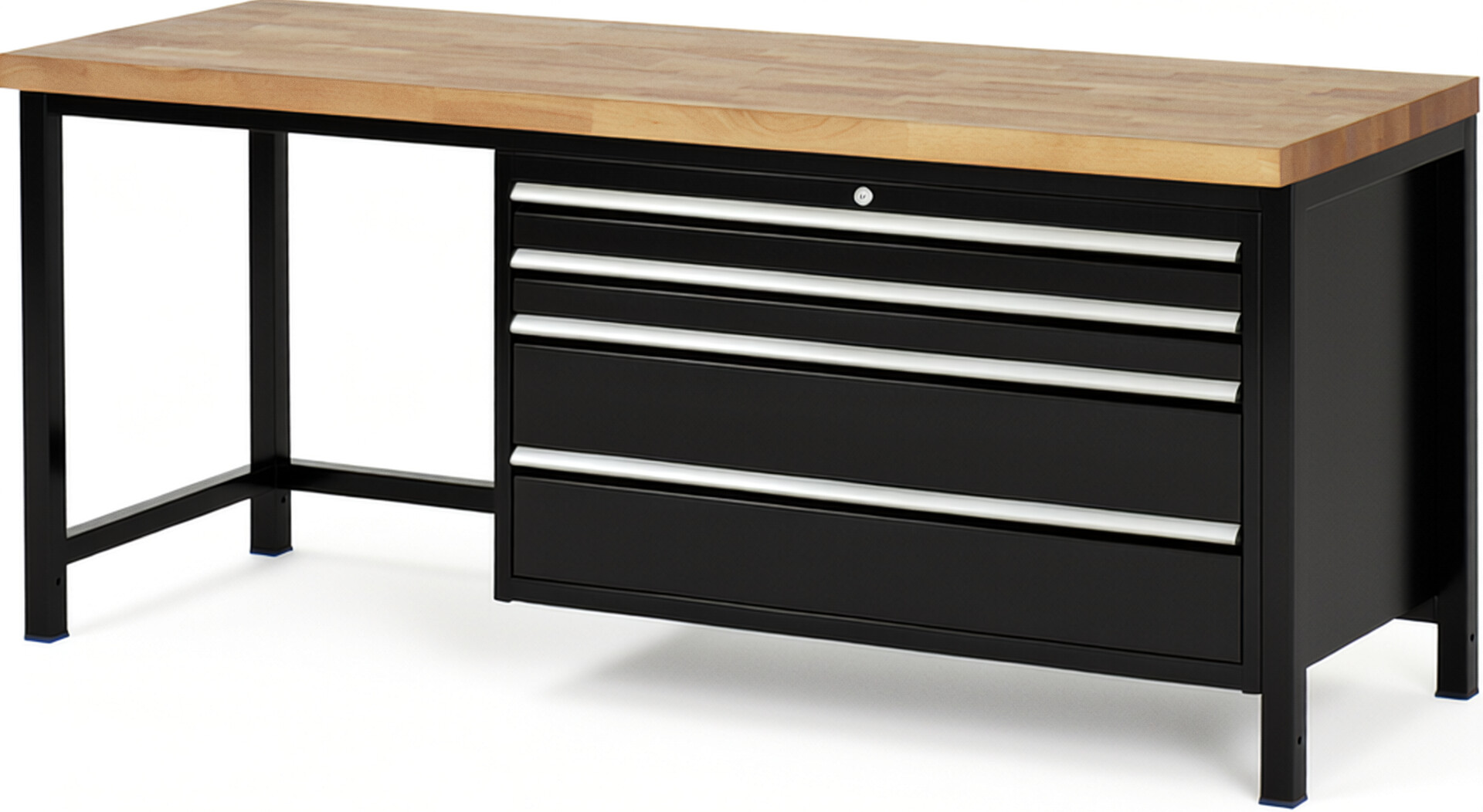Werkbank Modell 8361 schwarz, BxTxH 2000x700x840-1040 mm,  Buche-Massiv Arbeitsplatte 40 mm,  4 Schubladen mit  Auszug 90 %