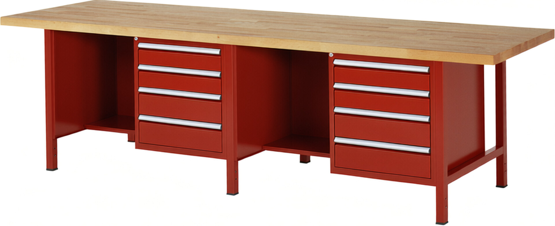 Werkbank Modell 8453 rot, BxTxH 3000x900x840 mm,  Buche-Massiv Arbeitsplatte 40 mm,  8 Schubladen mit  Auszug 90 %