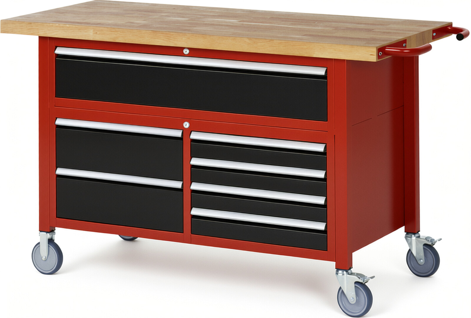 Fahrbare Werkbank Modell 8921 rot - schwarz, BxTxH 1500x700x920-1120 mm,  Buche-Massiv Arbeitsplatte 40 mm,  7 Schubladen mit  Vollauszug 100 % und  SoftClosing