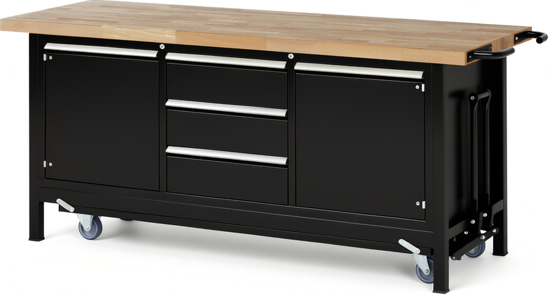 Absenkbare Werkbank Modell 8569 schwarz, BxTxH 2000x700x880 mm,  Buche-Massiv Arbeitsplatte 40 mm,  3 Schubladen mit  Vollauszug 100 % und  SoftClosing