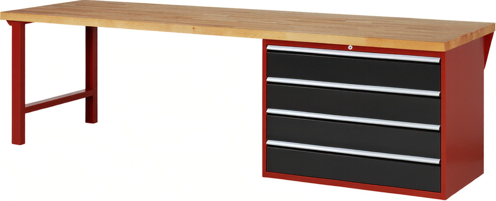 Werkbank Modell 7709 rot - schwarz, BxTxH 3000x900x890 mm,  Buche-Massiv Arbeitsplatte 40 mm,  4 Schubladen mit  Auszug 90 %