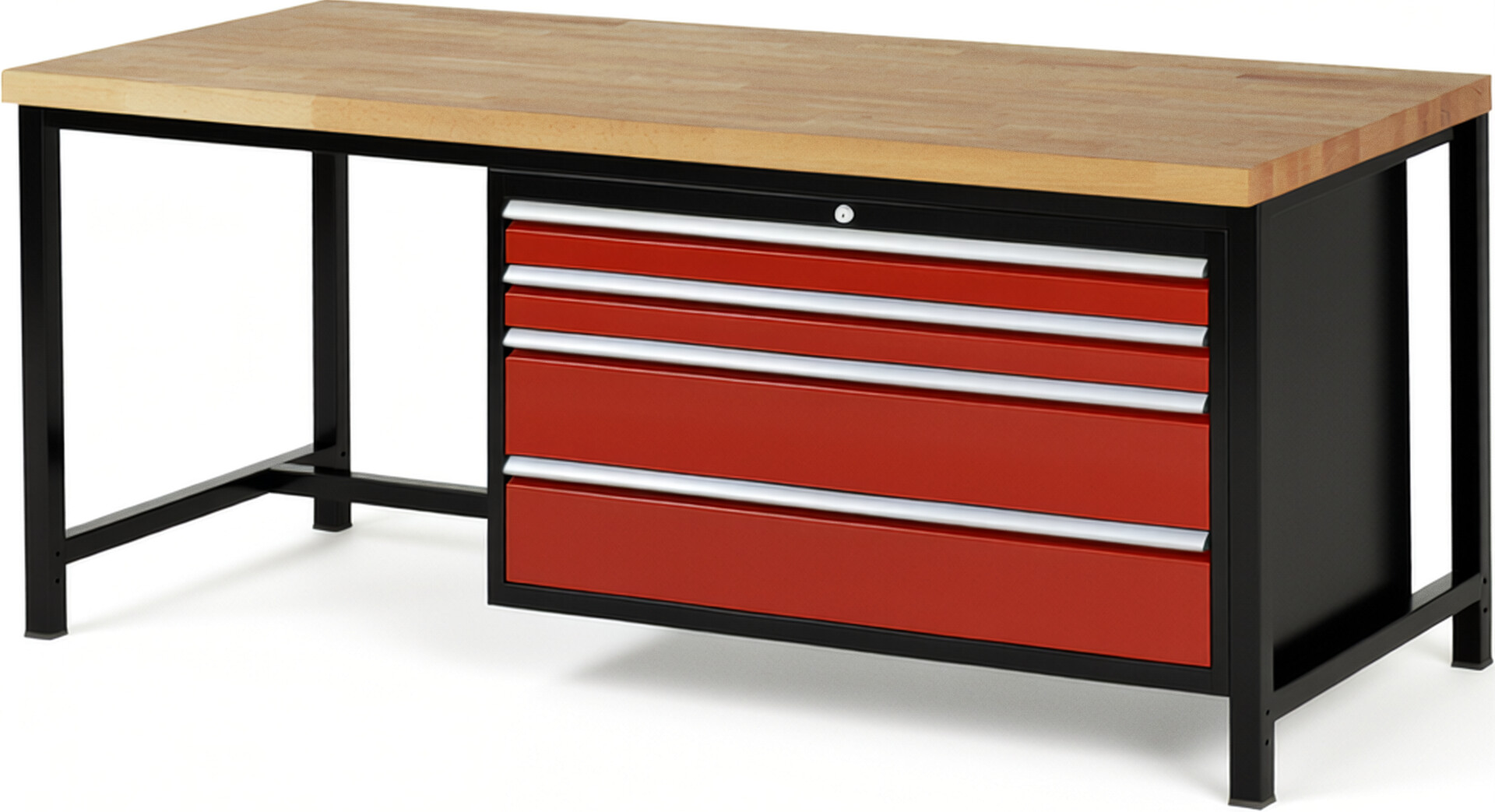 RAU Werkbank schwarz - rot - Breite 200 cm - Tiefe 90 cm - Höhe 104 cm - Buche-Massiv Arbeitsplatte 40 mm