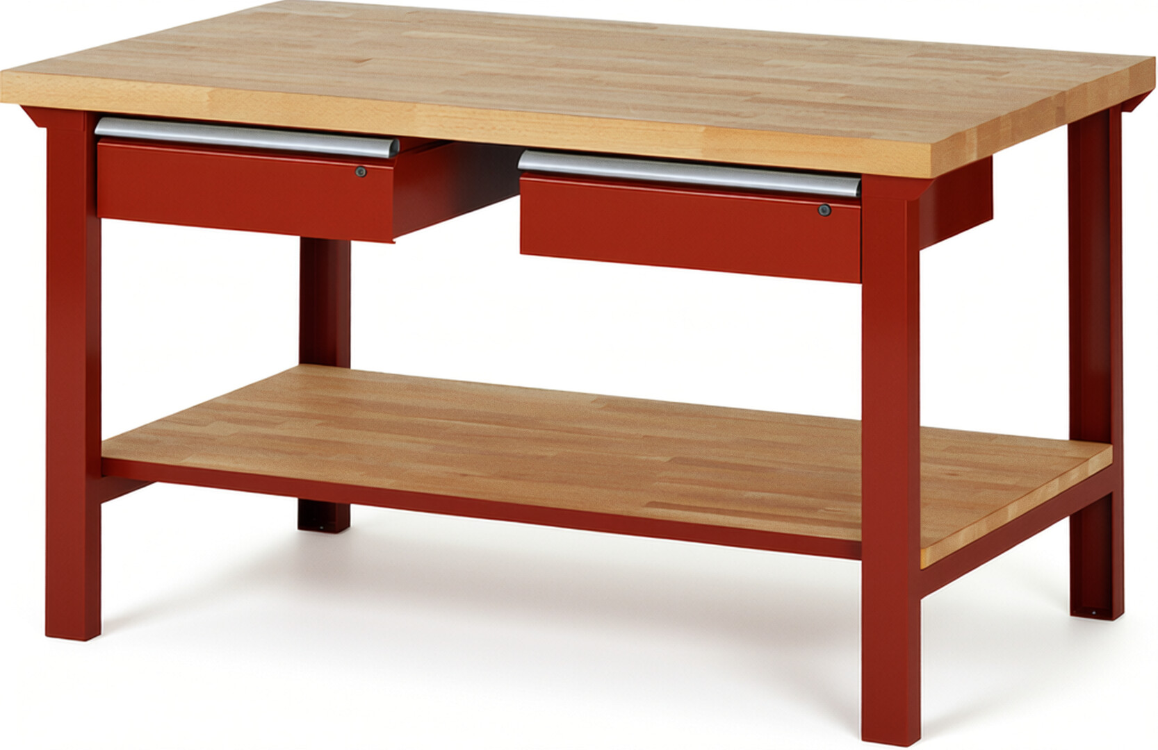 Werkbank Modell 7002 rot, BxTxH 1500x900x840 mm,  Buche-Massiv Arbeitsplatte 40 mm,  2 Schubladen mit  Auszug 90 %