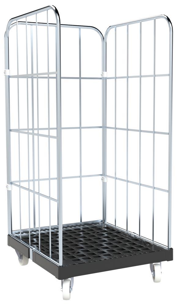 Rollbox, 3-seitig, BxTxH 827x724x1530 mm, Bodenplatte recyl. Kunststoff, RAL 9005 tiefschwarz