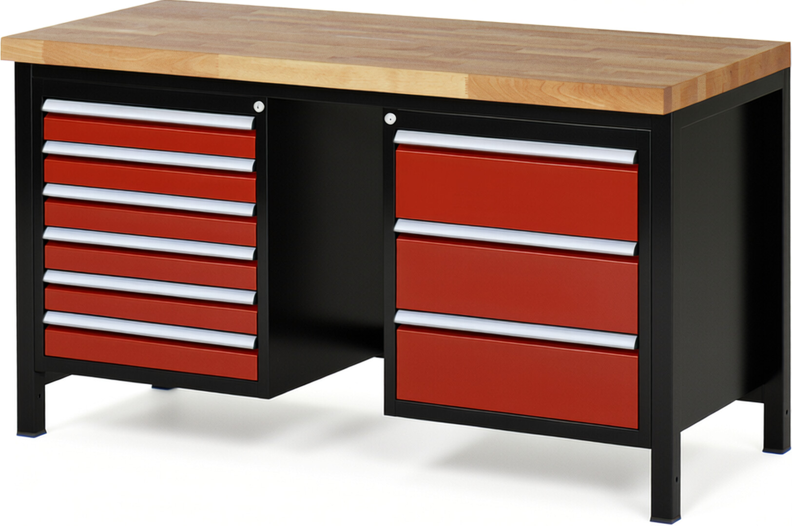 RAU Werkbank schwarz - rot - Breite 150 cm - Tiefe 70 cm - Höhe 104 cm - Buche-Massiv Arbeitsplatte 40 mm