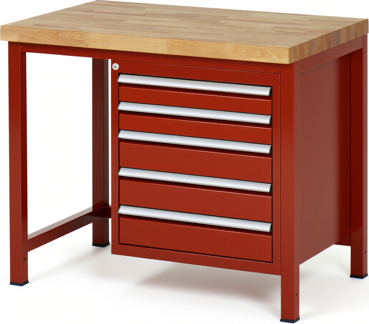 Werkbank Modell 8171 rot, BxTxH 1000x700x840-1040 mm,  Buche-Massiv Arbeitsplatte 40 mm,  5 Schubladen mit  Auszug 90 %