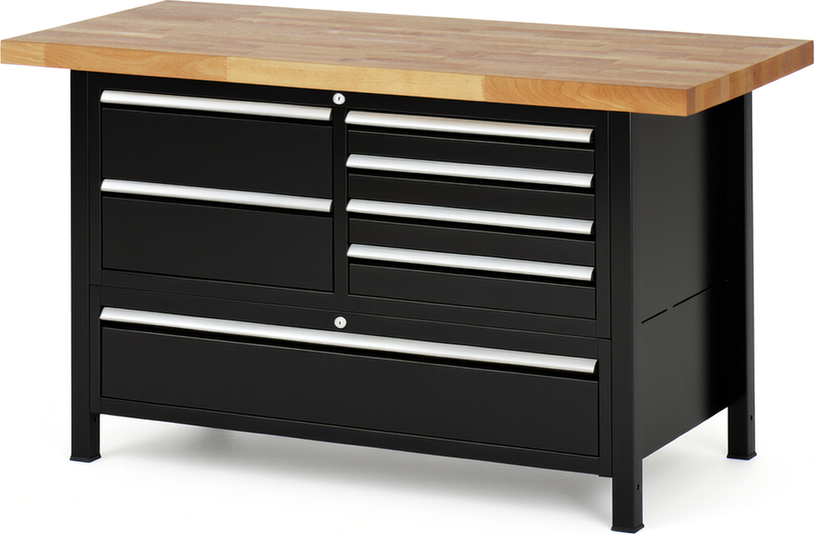 Werkbank Modell 8931 schwarz, BxTxH 1500x700x840-1040 mm,  Buche-Massiv Arbeitsplatte 40 mm,  7 Schubladen mit  Auszug 90 %