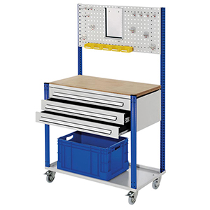 Steharbeitsplatz, Workstation, fahrbar, Breite 100 cm, Tiefe 50 cm, Höhe 173 cm, 3 Schublade(n), Platte: Multiplex