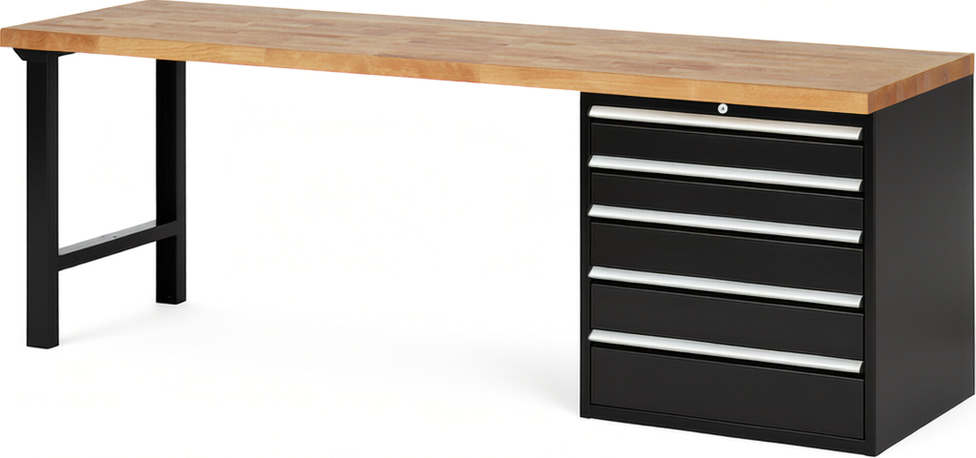 Werkbank Modell 7613 schwarz, BxTxH 2500x700x890 mm,  Buche-Massiv Arbeitsplatte 40 mm,  5 Schubladen mit  Vollauszug 100 % und  SoftClosing