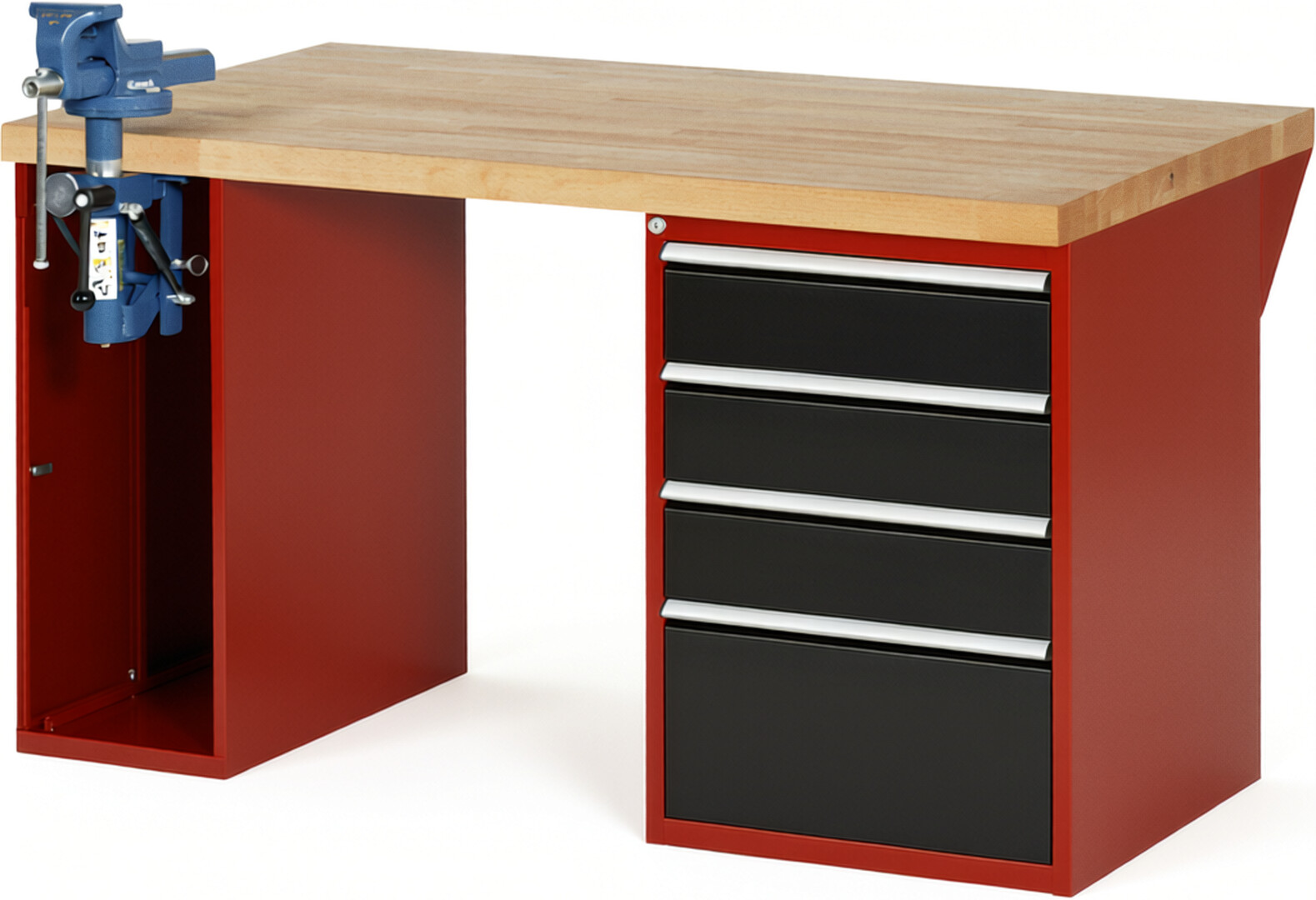Werkbank Modell 7510 rot - schwarz, BxTxH 1500x900x890 mm,  Buche-Massiv Arbeitsplatte 40 mm,  4 Schubladen mit  Vollauszug 100 % und  SoftClosing