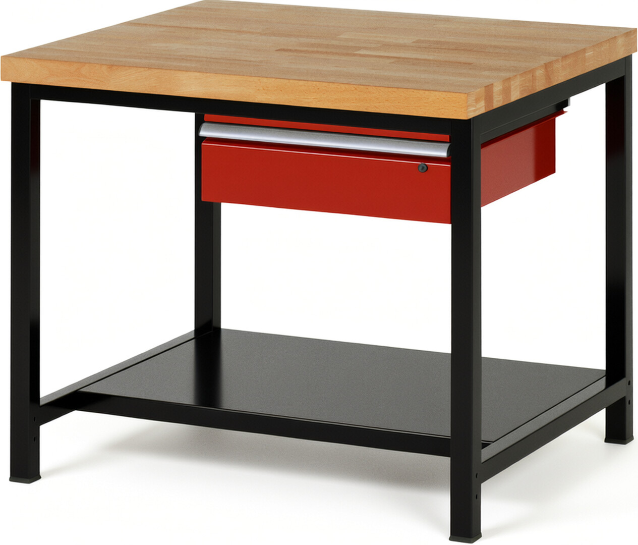 RAU Werkbank schwarz - rot - Breite 100 cm - Tiefe 90 cm - Höhe 104 cm - Buche-Massiv Arbeitsplatte 40 mm