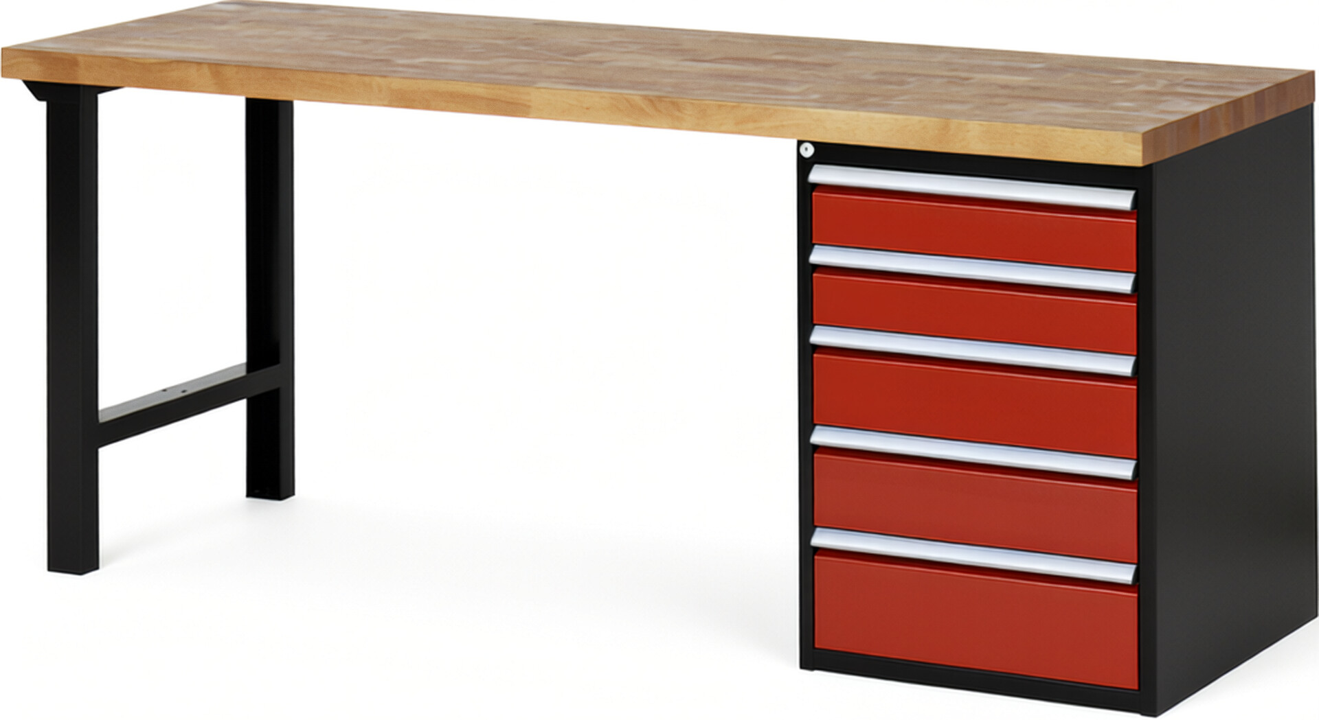 RAU Werkbank schwarz - rot - Breite 200 cm - Tiefe 70 cm - Höhe 89 cm - Buche-Massiv Arbeitsplatte 40 mm