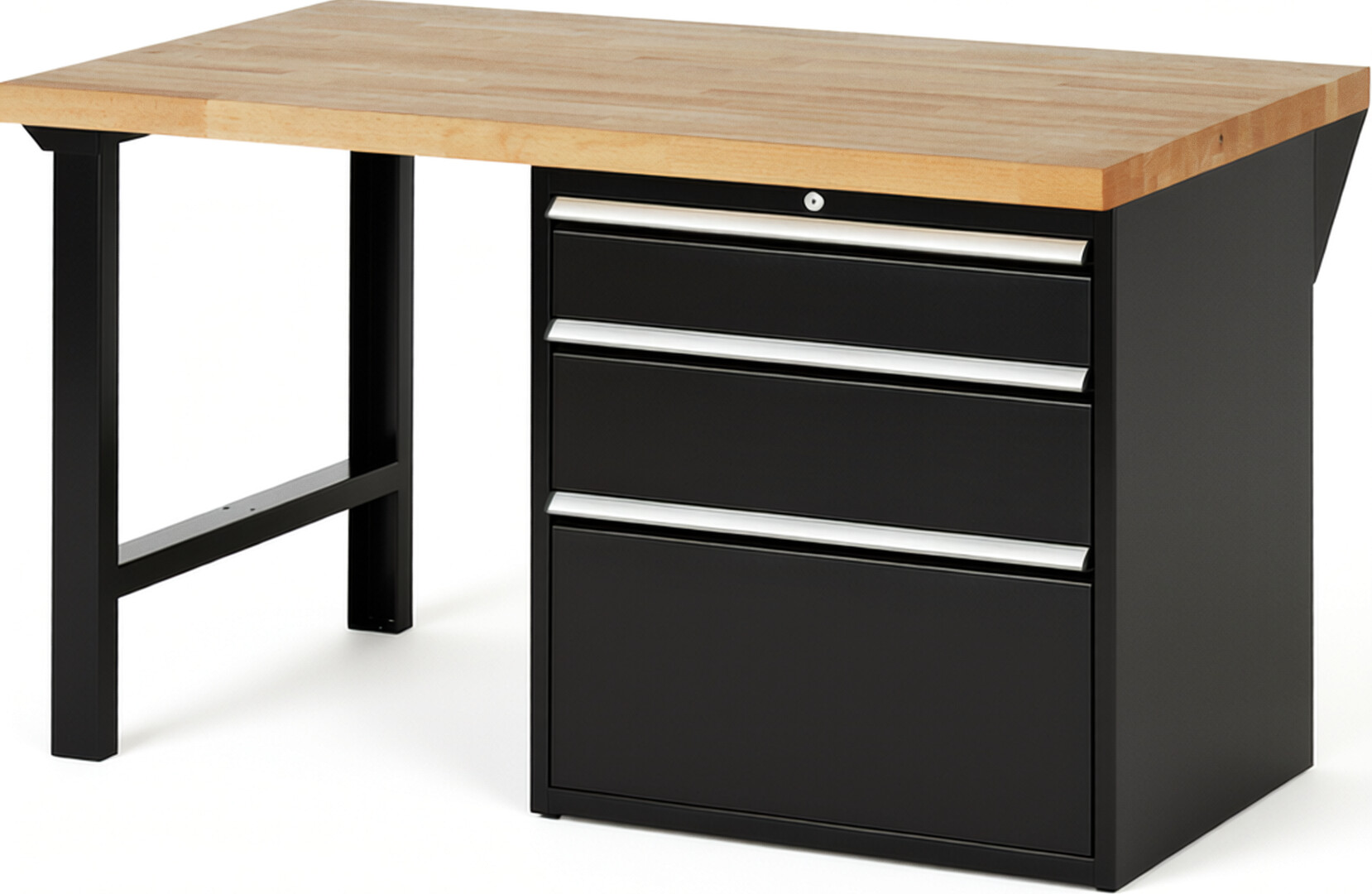 Werkbank Modell 7608 schwarz, BxTxH 1500x900x840 mm,  Buche-Massiv Arbeitsplatte 40 mm,  3 Schubladen mit  Vollauszug 100 % und  SoftClosing