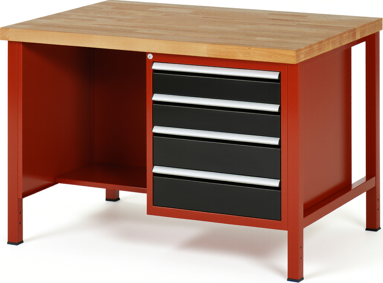 Werkbank Modell 8453 rot - schwarz, BxTxH 1250x900x840 mm,  Buche-Massiv Arbeitsplatte 40 mm,  4 Schubladen mit  Auszug 90 %