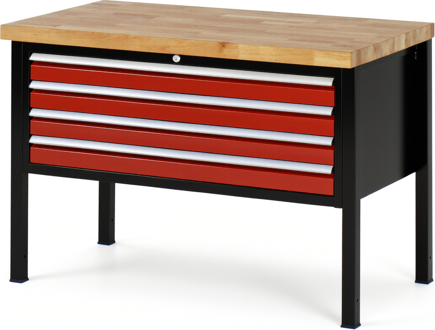 RAU Werkbank schwarz - rot - Breite 125 cm - Tiefe 70 cm - Höhe 104 cm - Buche-Massiv Arbeitsplatte 40 mm