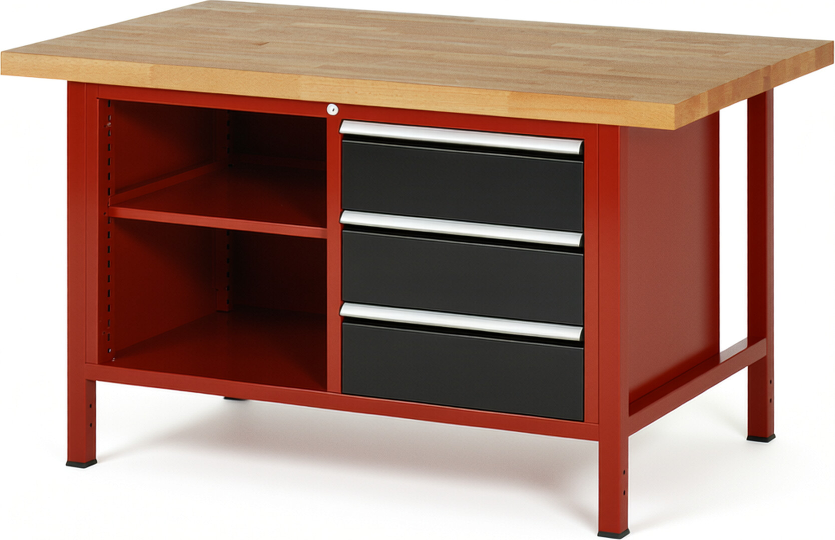 Werkbank Modell 8462 rot - schwarz, BxTxH 1500x900x840-1040 mm,  Buche-Massiv Arbeitsplatte 40 mm,  3 Schubladen mit  Vollauszug 100 % und  SoftClosing