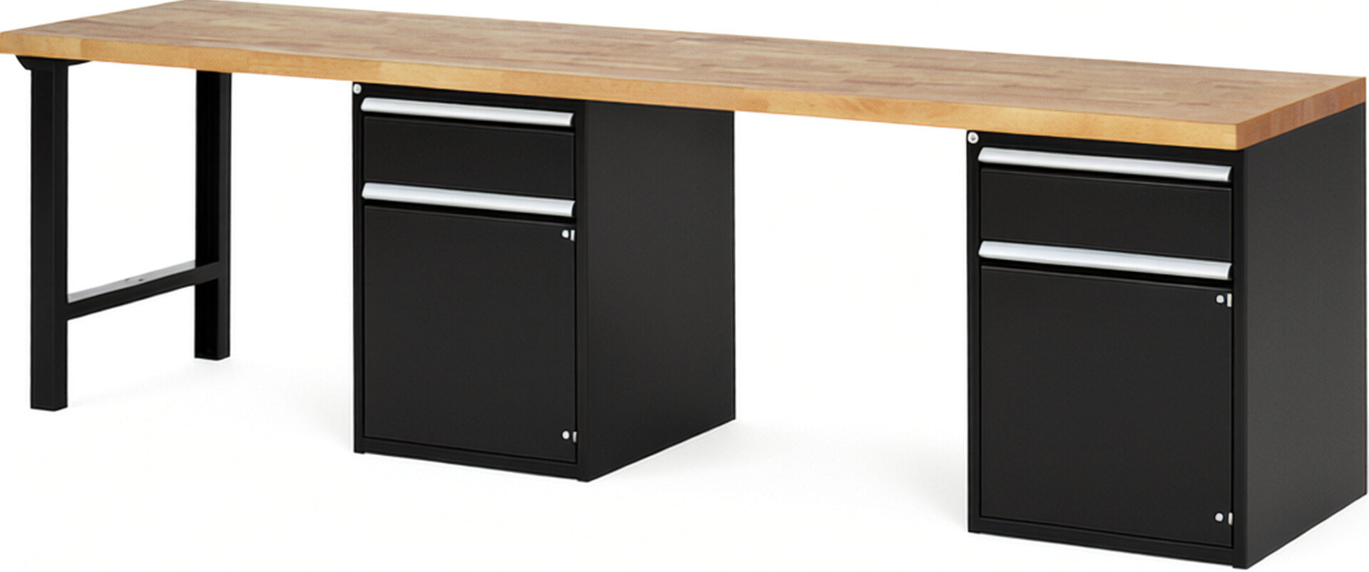 Werkbank Modell 7502 schwarz, BxTxH 3000x700x890 mm,  Buche-Massiv Arbeitsplatte 40 mm,  2 Schubladen mit  Vollauszug 100 % und  SoftClosing