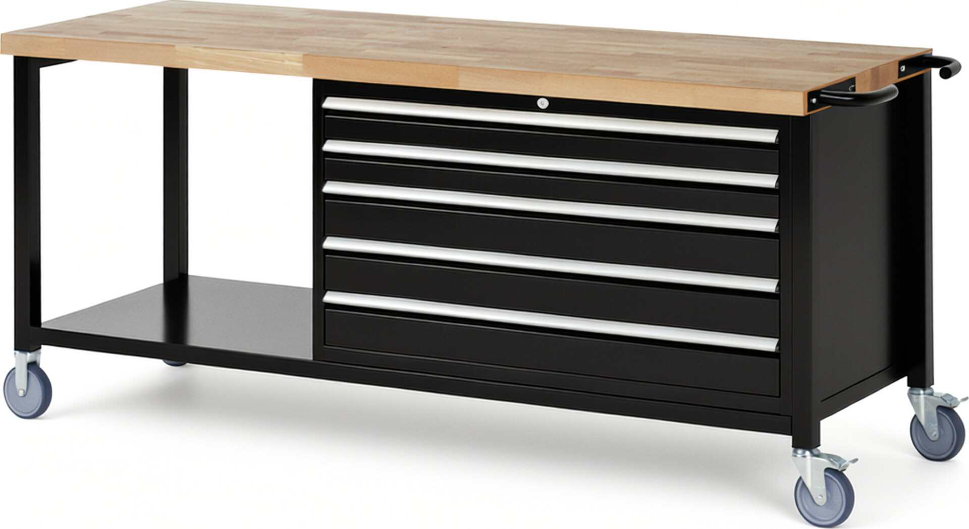 Fahrbare Werkbank Modell 8371 schwarz, BxTxH 2000x700x880 mm,  Buche-Massiv Arbeitsplatte 40 mm,  5 Schubladen mit  Auszug 90 %